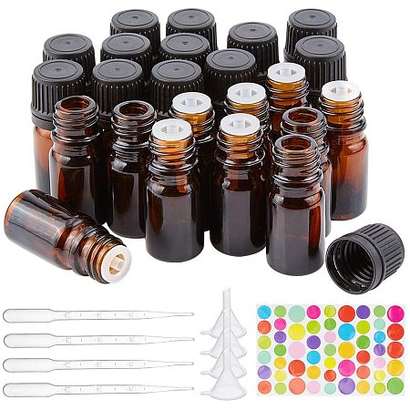 BENECREAT 24 Packs 5ml Brown Glass Essential Oil Bottles with Orifice Dropper Reducer, Plastic Droppers, Hoppers and Labels for Aromatherapy Fragrance Cosmetic Oils