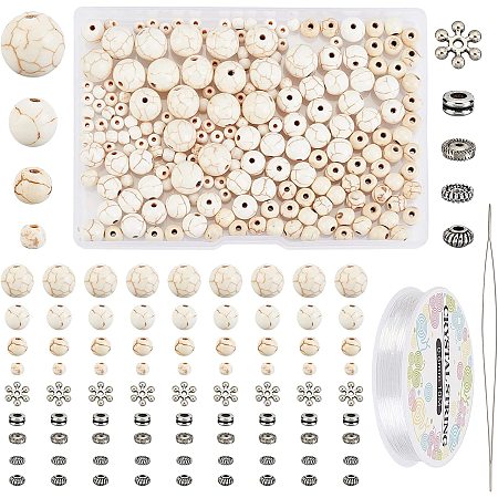 SUPERFINDINGS 200pcs White Synthetic Turquoise Bead 4/6/8/10mm Round White Howlite Stone Beads with 50Pc Alloy Beads 1roll Elastic Thread 1Pc Beading Needles Bracelet Necklace Jewelry Making Kit
