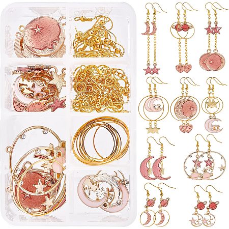 SUNNYCLUE 1 Box DIY Make 10 Pairs Moon Star Earrings Making Kit Enamel Heart Planet Charms Cat Moon Pendants Earring Findings for Women Beginners DIY Earring Dangle Jewellery Making, Pink