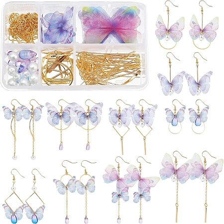 SUNNYCLUE 1 Box DIY Make 10 Pairs Butterfly Earring Making Kit Including Fabric Butterfly Charms Glass Beads Geometric Linking Rings Earring Findings for Adults Beginners DIY Earring Making, Purple
