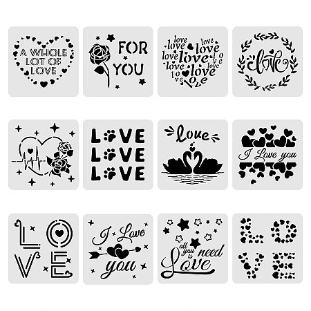 BENECREAT 12Pcs Valentine's Day Letter Stencils Love Stencil Templates(30x30cm) Reusable Stencils for Painting on Wall Wood Canvas Paper Fabric Tile Craft Tools
