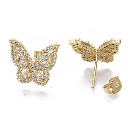 Honeyhandy Brass Micro Pave Clear Cubic Zirconia Stud Earrings, with Earring Backs, Nickel Free, Butterfly, Real 16K Gold Plated, 13.5x16mm, Pin: 1mm