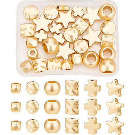 BENECREAT 36Pcs 6 Style Matte Gold Star Square Shape Alloy Beads Cross Rondelle Spacer Loose Beads for Jewelry Making