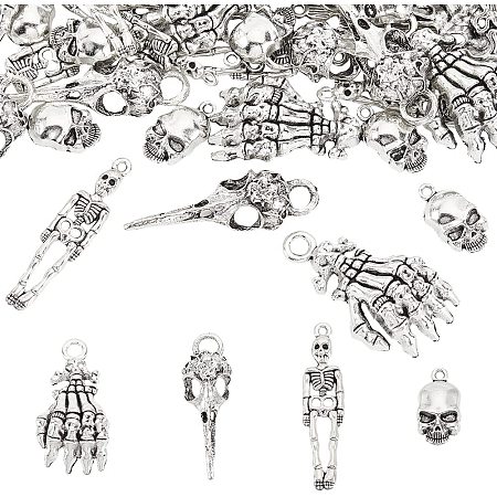 FINGERINSPIRE 60 Pcs 4 Styles Metal Skeleton Skull Hand Claws Charm Bird Head Skeleton Pendant Alloy Crow Raven Skull Charms Tibetan Style Pendants for Key Chain Necklace Bracelet Jewelry Making