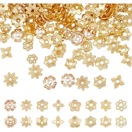 SUPERFINDINGS 160Pcs 8 Style Flower Bead Cap Real 18K Gold Plated Flower End Cap Multi-Petal Filigree Cup Shape Bead Golden Tibetan Style Spacer Beads for Bracelet Necklace Hole: 1.2~1.8mm