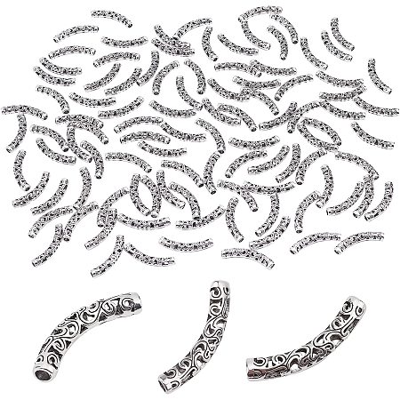 PandaHall Elite 100pcs Curved Tube Spacers, 36x6mm Column Spacer Beads Antique Silver Tube Slide Beads Hollow Noodle Beads Long Loose Beads for Jewelry Necklace Bracelet Making, Hole: 3mm