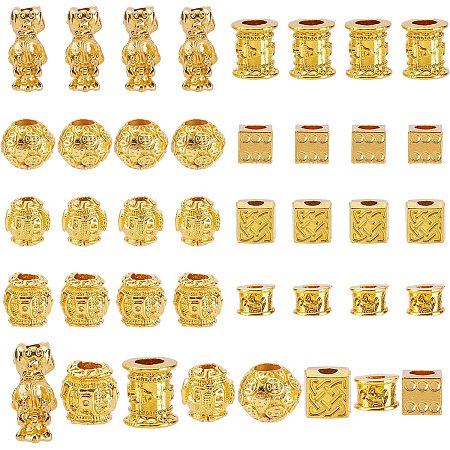 SUNNYCLUE 1 Box 40Pcs 8 Styles Pixiu Beads Gold Plated Feng Shui Charms Alloy Barrel Column Pi Yao Pixie Good Luck Wealth Ball Spacers Large Hole for DIY Jewelry Making Bracelets Supplies