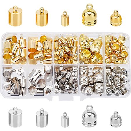 CHGCRAFT 150Pcs Golden Leather Ends Cord Glue in Barrel End Caps Platinum Leather Cord End Cap Finding Kit for Tassel Making