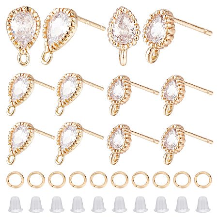 CREATCABIN 1 Box 12Pcs 2 Size 18K Gold Plated Brass Earrings Post Loop Cubic Zirconia Teardrop Stud Earrings with Jump Rings 3.1mm Earring Rubber Backs Earring DIY Jewelry Crafts Making Findings