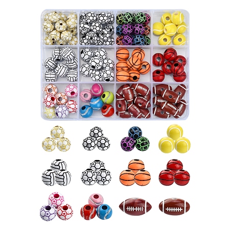 12 Style Sports Theme Acrylic Beads, Mixed Shapes, Mixed Color, 10~18x9.5~12x9~10.5mm, Hole: 2~4mm, 148pcs/box