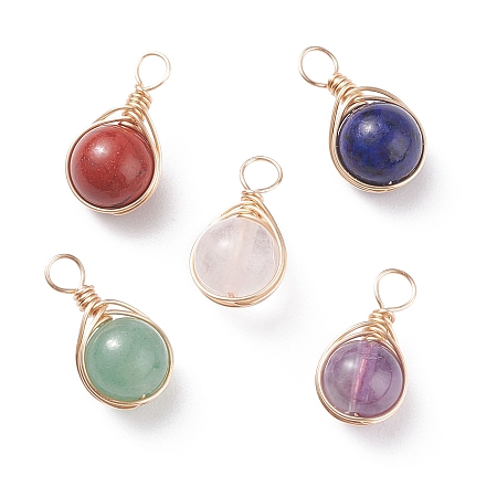 Honeyhandy Natural Gemstone Pendants, with Real 18K Gold Plated Copper Wire Wrapped, Round, 17.5x9.5x8.5mm, Hole: 3.3mm
