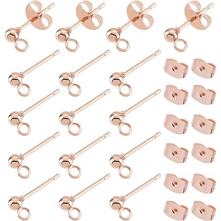 UNICRAFTALE 30pcs Rose Gold Ball Stud Earring Hypoallergenic Earring Post Stainless Steel Studs with Loop and Ear Nuts for Jewelry Earring Making 14x3mm