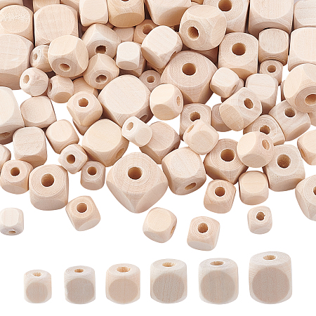 PandaHall Elite 150Pcs 6 Styles Natural Unfinished Wood Beads, Wooden Large Hole Beads, Cube, Linen, 150pcs/bag