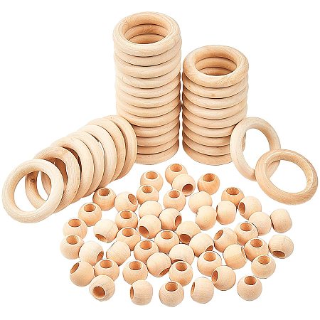 PandaHall Elite 50 pcs Macrame Wood Beads 20mm Unfinished Solid Large Hole Wooden Rings with Wooden Annular Linking Rings Circles Macrame Wall Hanging Craft DIY Kit