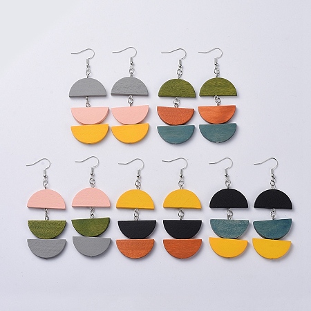 Honeyhandy Semicircle Wood Dangle Earrings, with Iron Findings and Brass Earring Hooks, Half Round, Mixed Color, 80mm, Pin: 0.7mm