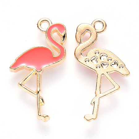 Honeyhandy Alloy Enamel Pendants, Flamingo Shape, Light Gold, Light Coral, 26x14x2mm, Hole: 1.6mm