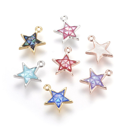Brass Enamel Charms, with Freshwater Shell, Star, Mixed Color, 13x11x2.5mm, Hole: 1.2mm
