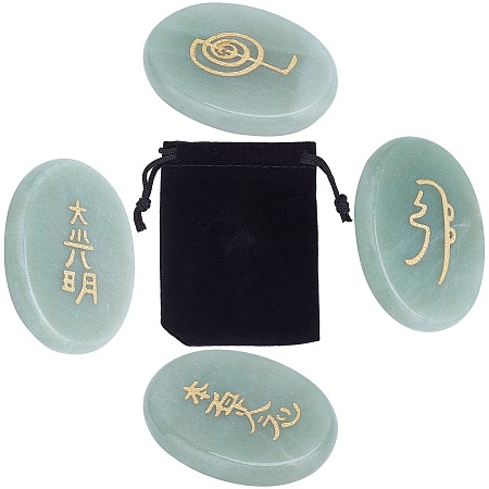 GORGECRAFT 4Pcs Green Aventurine Reiki Stones Engraved Rune Palm Stone Set Balancing and Positive Energy Generator for Meditation Divination Chakra Healing