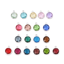 Honeyhandy Glass Charms, with Platinum Plated Brass Findings, Long-Lasting Plated, Lead Free & Nickel Free & Cadmium Free, Faceted Flat Round, Mixed Color, 9x7x3mm, Hole: 1mm