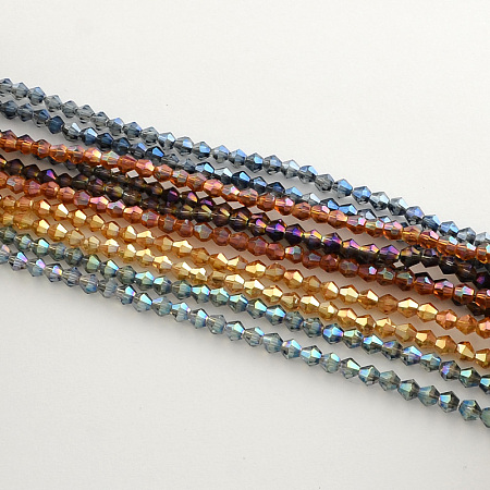 Honeyhandy Electroplate Glass Bead Strands, Rainbow Plated, Faceted Bicone, Mixed Color, 3x3.5mm, Hole: 1mm, about 125~130pcs/strand, 18 inch