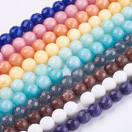 ARRICRAFT Natural Jade Bead Strands, Dyed, Faceted, Round, Mixed Color, 10mm; Hole: 1mm; 38pcs/strand, 14.5 inches