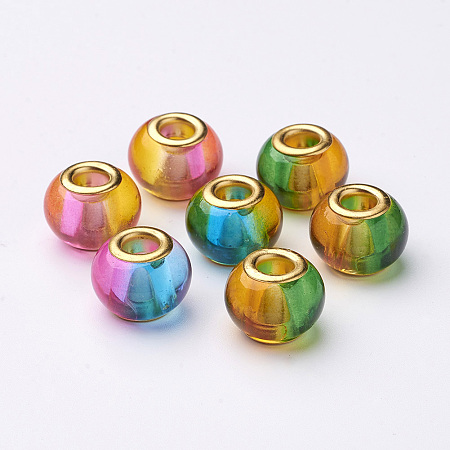 Honeyhandy Spray Painted Two Tone Glass European Beads, with Brass Cores, Large Hole Beads, Rondelle, Golden, Mixed Color, 15x12mm, Hole: 5mm