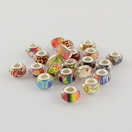 Honeyhandy Large Hole Acrylic European Beads, with Silver Color Plated Brass Double Cores, Rondelle, Mixed Color, 14x9mm, Hole: 5mm