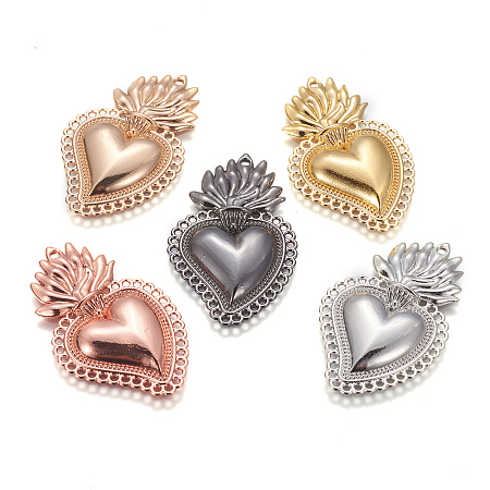 Honeyhandy Alloy Pendants, Sacred Heart, Heart of Holy Flame, Mixed Color, 40x25x3.5mm, Hole: 1.5mm