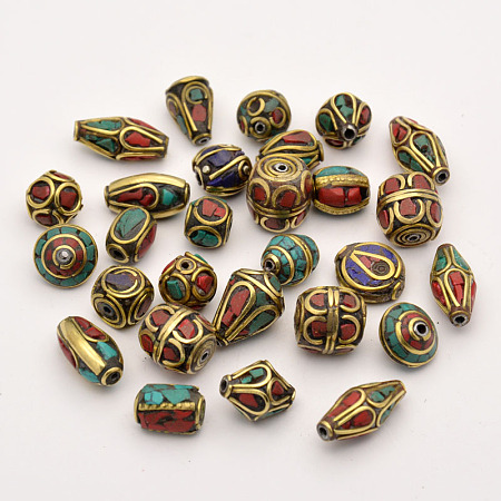 Honeyhandy Handmade Tibetan Style Beads, Brass with Synthetic Coral and Turquoise, Antique Golden, 8~25x8~13mm, Hole: 1~1.5mm