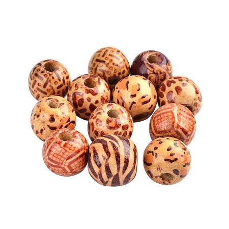 NBEADS 1000g Round Printed Wood Beads, Mixed Color, 16x15mm, Hole: 5mm; about 830pcs/1000g