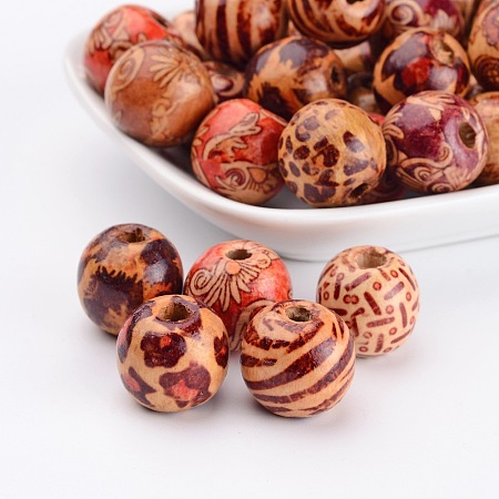 ARRICRAFT Round Printed Natural Wood Beads, Spacer Beads, for DIY Macrame Rosary Jewelry, Mixed Color, 16x15mm, Hole: 5mm