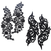 Gorgecraft Lace Embroidery Sewing Fiber, DIY Garment Accessories, Flower, Black, 250x145mm; 290x130mm; 2pairs/set