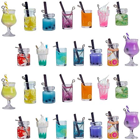 SUNNYCLUE Glass Pendants, with Resin Inside and Iron Findings, Imitation Drink, Platinum, Mixed Color, 18~39x10~16.5x11~13mm, Hole: 1.8mm, 28pcs/set