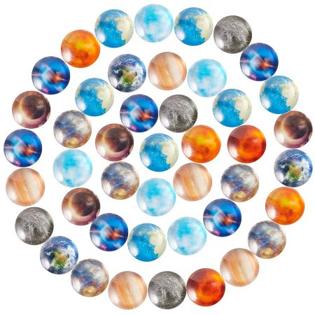 SUNNYCLUE Glass Cabochons, Half Round/Dome, Planet Print Pattern, Mixed Color, 12x4.5mm; 10colors, 10pcs/color, 100pcs/box