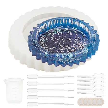 Olycraft DIY Round Ashtray Silicone Molds Kits, Include Plastic Measuring Cup, Plastic Pipettes, Latex Finger Cots, Plastic Spoons, Clear, 139x30mm, Inner Diameter: 96mm, 1pc