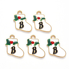 ARRICRAFT Alloy Enamel Pendants, for Christmas, Christmas Sock with Letter B, Light Gold, White, 19x15x2mm, Hole: 2mm