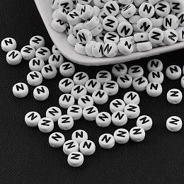 Honeyhandy Acrylic Beads, with Horizontal Hole, Letter, Flat Round, Letter.N, 7x4mm, Hole: 1mm, about 3500pcs/500g