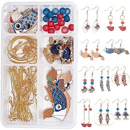 SUNNYCLUE DIY Fish Themed Earring Making Kits, include Alloy Enamel Pendants, Frosted Glass Bead, Brass Linking Rings & Cable Chain & Earring Hook, Iron Pins, Mixed Color