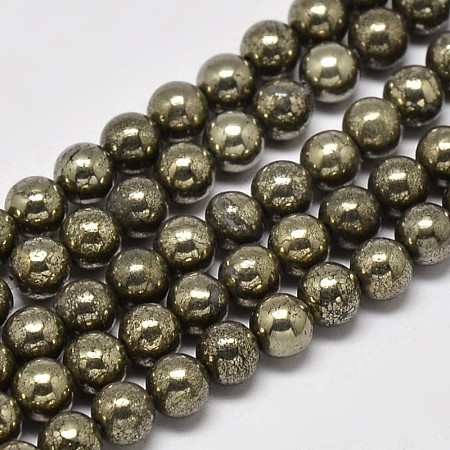 Arricraft Natural Pyrite Round Beads Strands, Grade A, 4mm, Hole: 0.8mm, about 100pcs/strand, 16 inches