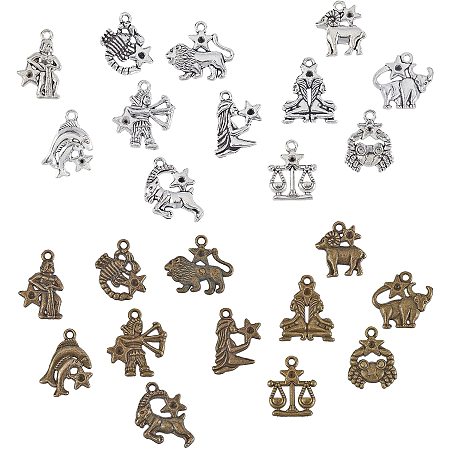 SUNNYCLUE Tibetan Style Alloy Pendant Rhinestone Settings, Twelve Constellations, Mixed Color, Fit for 2mm Rhinestone; 20~27x12~25x2~3mm, Hole: 2mm; 4sets/box