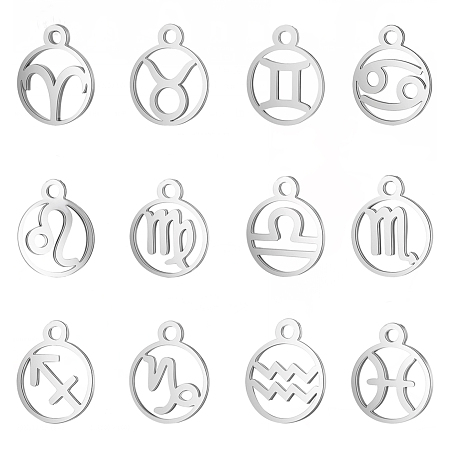 Unicraftale 304 Stainless Steel Pendants, Manual Polishing, Ring with Twelve Constellations, Stainless Steel Color, 18x16x1.5mm, Hole: 1.6mm, 12pcs/box
