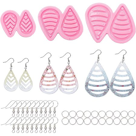SUNNYCLUE DIY Teardrop Dangle Earring Silicone Molds Kits, with Brass Earring Hooks and Iron Jump Rings, Pink, 57~94x51~83x6~7mm, Inner Diameter: 24.5~43x38~64mm; 3pcs