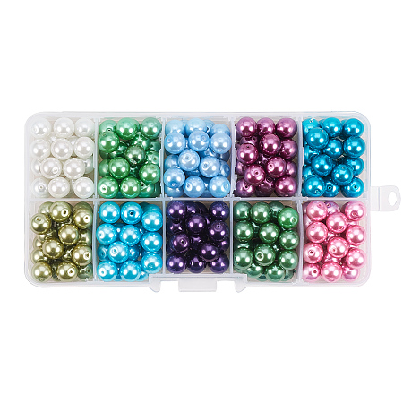 PandaHall Elite 1 Box (about 230pcs) 10 Color Pearlized Glass Pearl Round Beads Assortment Lot for Jewelry Making, 8mm, Hole: 1mm - Mixed Color 7