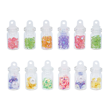 CHGCRAFT Transparent Glass Pendant, with Glitter Sequins and Rhinestone inside, Bottle, Mixed Color, 24.6~25x10~10.3mm, Hole: 2mm; 2 shapes, 4 colors/shape, 4pcs/color, 32pcs/box
