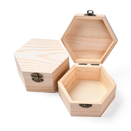 OLYCRAFT 2PCS Unfinished Wooden Box Hexagon Unpainted Wooden Box, Dedoot Wooden Box Natural Wood Box with Hinged Lid and Front Clasp for Crafting Making Jewelry Box, 4x3 Inch