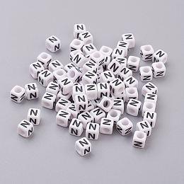 Honeyhandy Acrylic Horizontal Hole Letter Beads, Cube, White, Letter N, Size: about 6mm wide, 6mm long, 6mm high, hole: about 3.2mm, about 2600pcs/500g