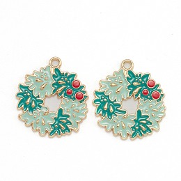 Arricraft Alloy Enamel Pendants, for Christmas, Light Gold, Garland, Turquoise, 29x26x2mm, Hole: 2mm