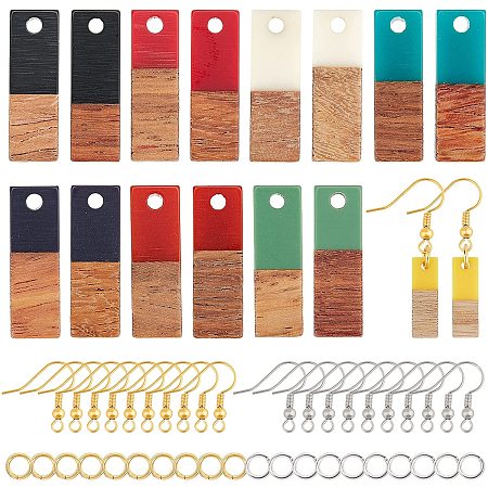 Olycraft DIY Dangle Earring Making Kits, include Resin & Walnut Wood Pendants, Brass Earring Hooks, Brass Jump Rings, Rectangle, Mixed Color, Pendants: 20x6.5x3~4mm, Hole: 1.8mm; 8 colors, 4pcs/color, 32pcs/box