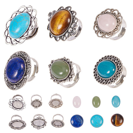 SUNNYCLUE DIY Ring Making, with Vintage Adjustable Iron Finger Ring Components and Natural/Synthetic Gemstone Cabochons, Antique Silver