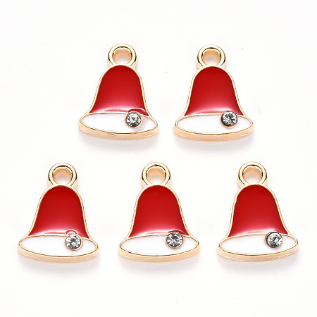 ARRICRAFT Alloy Enamel Charms, with Crystal Rhinestone, for Christmas, Jingle Bell, Light Gold, Red, 12x9.5x2mm, Hole: 1.6mm